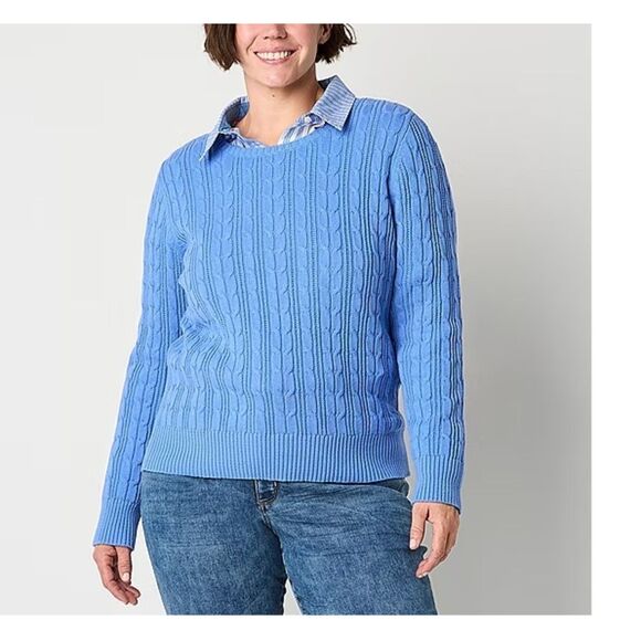 St. John's Bay Classic Blue Cable Knit Crewneck Sweater Long Sleeve Soft NWT XL - Picture 1 of 7